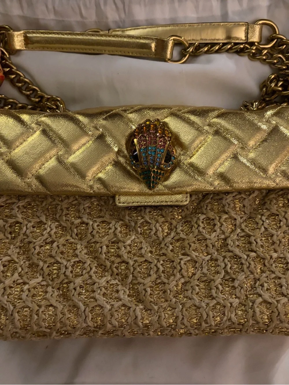 Kurt Geiger Gold Quilted & Woven Shoulder Bag with Jeweled Clasp